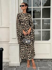 Chiquease 豹纹荷叶边袖开叉连衣裙，优雅派对长款女装