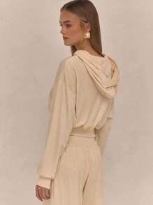 MUSERA Áo khoác nhung có mũ trùm đầu có khóa kéo - Màu be - Xem 3