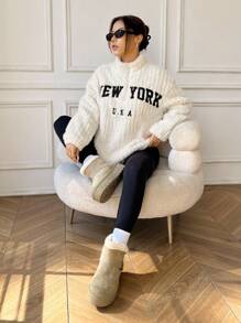 SHEIN EZwear 2pcs/Set Women Letter Print Zip-Up Fleece Sweatshirt And Pants - Apricot - View 4