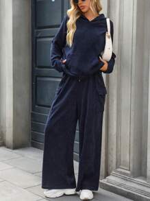 INAWLY 2pcs Women Knitted Casual Suit, Thick, Navy Blue, Suitable For Autumn & Winter