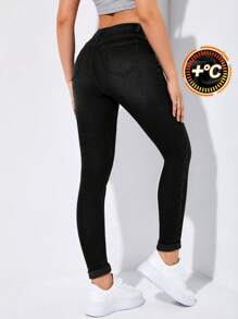 SHEIN EZwear High-Waisted Button-Embellished Skinny Stretch Distressed Y2K Jeans Thickened Denim