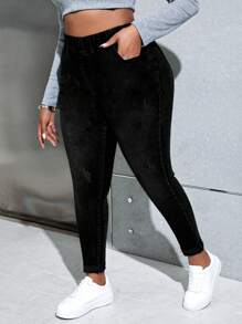 SHEIN ICON Celana Jeans Ukuran Besar Warna Polos dengan Saku, Model Sederhana, untuk Pakaian Kasual Sehari-hari - Hitam - View 6