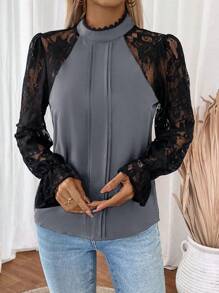 SHEIN Clasi 适合日常穿着的女士透明网眼撞色纯色休闲衬衫 - 深灰色 - 查看 3