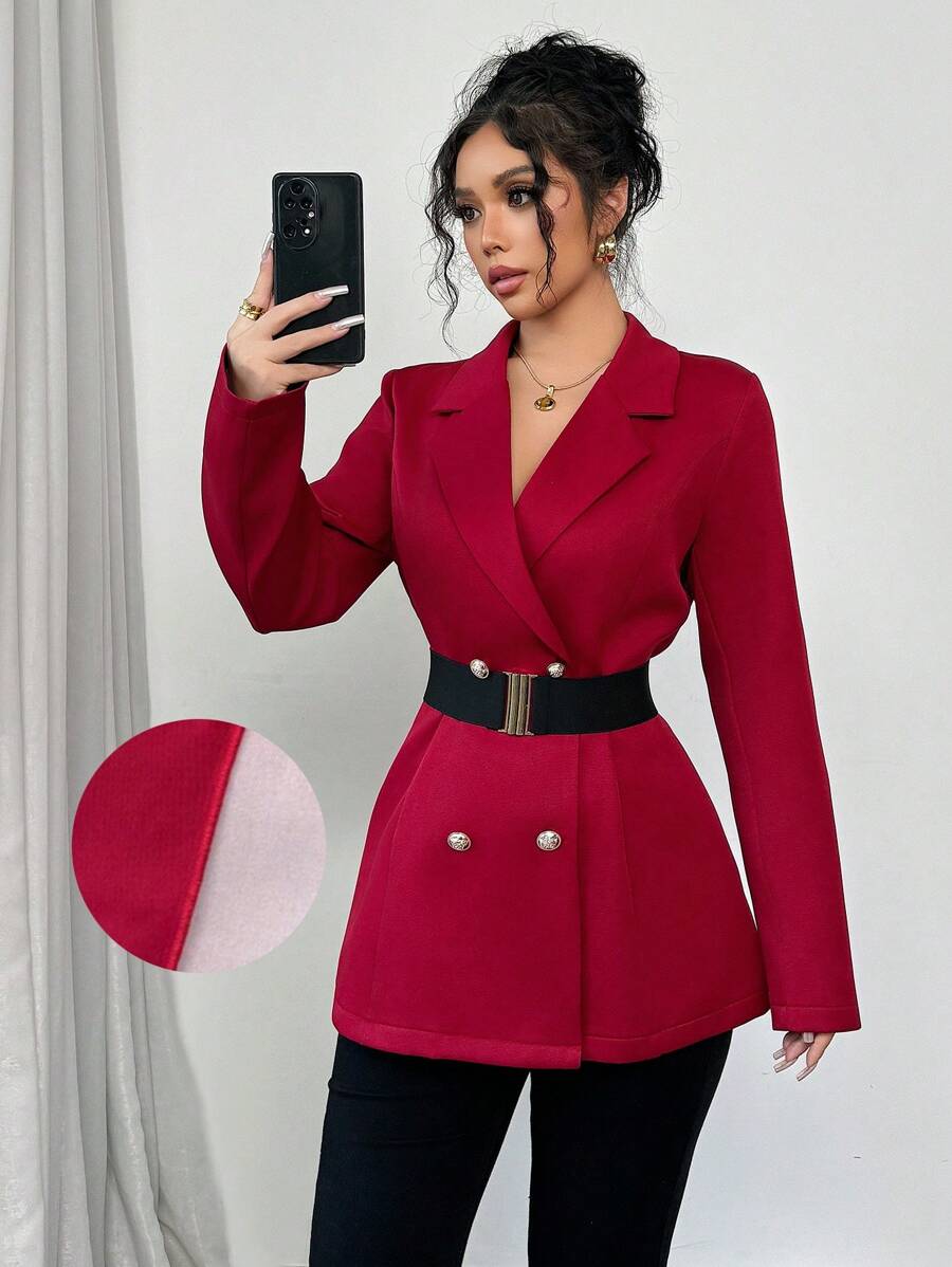 Elenzga Women's Commute Minimalist Lapel Collar Double Breasted Long Sleeve Blazer Jacket For New Year Clothes Fall Cloth For Women - Red - View 1
