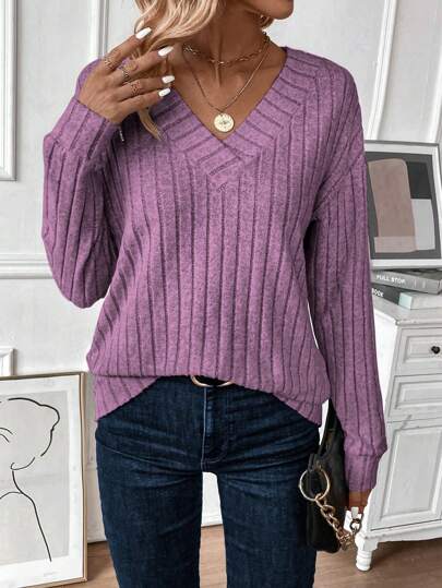 SHEIN LUNE Women's Solid Color V-Neck Ribbed Casual Long Sleeve Sweatshirt