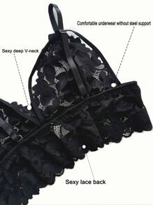 Seduluxe 2件套加大码女士蕾丝性感文胸和内裤内衣套装 - 黑色 - 查看 4