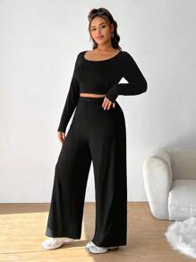 SHEIN EZwear Plus Size Women Basic Homewear Casual 2 Pieces Set, Round Neck Long Sleeve Top & Pants
