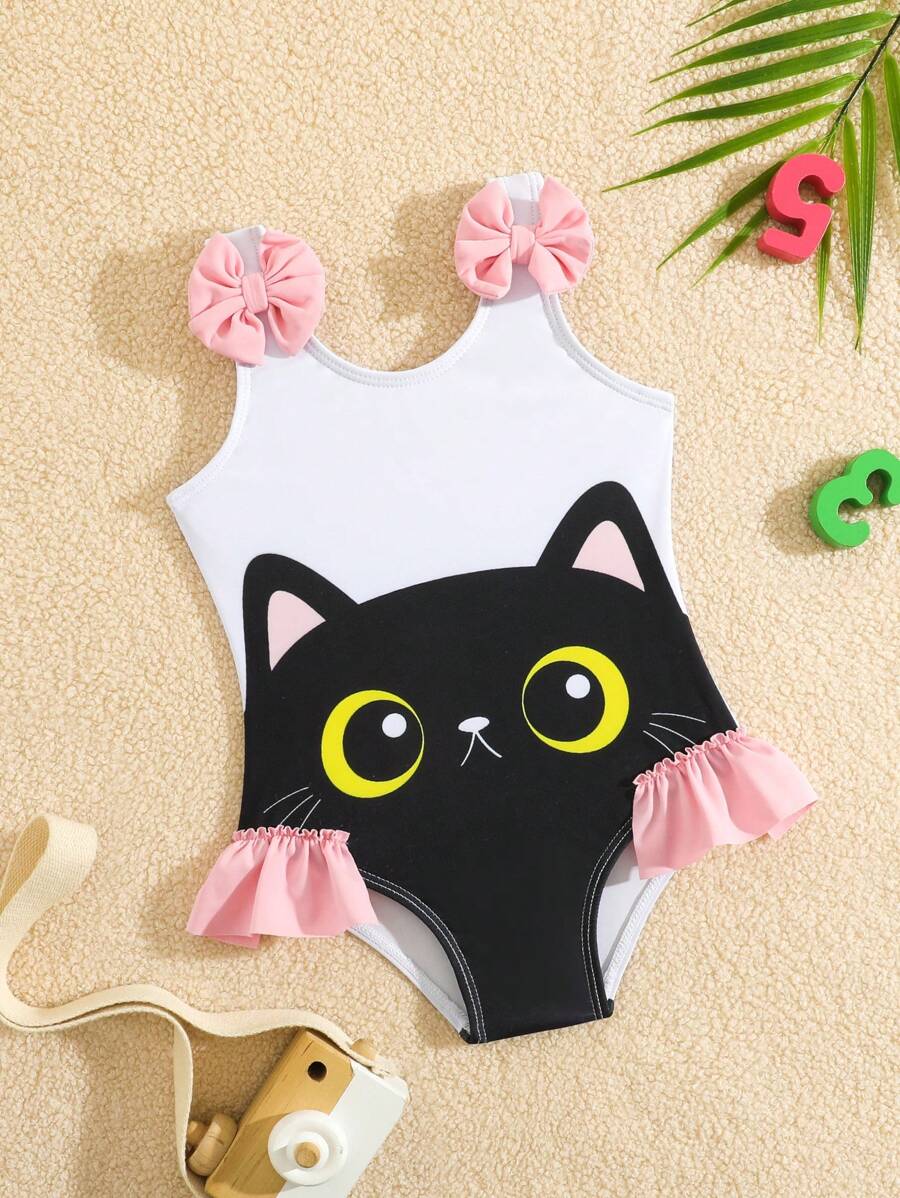 Baby Girl Contrast Color Cat Pattern 3D Flower Ruffled One-Piece Swimsuit - Black and White - View 1