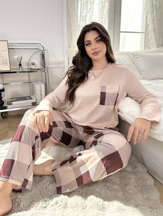 格子印花圆领长袖上衣和长裤睡衣套装，大码，舒适优雅的细节设计，秋冬服装