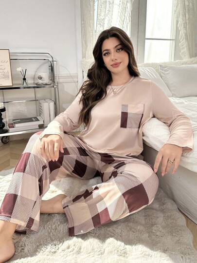Plaid Print Round Neck Long Sleeve Top & Long Pants Pajama Set, Plus Size, Outfits  Cozy And Elegant Details, Fall Winter Clothes