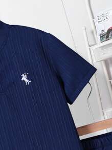 2pcs Teenage Boy Textured Fabric Shirt With Western Stitch Print & Matching Shorts, Spring & Summer Set - Dark Wash - View 5