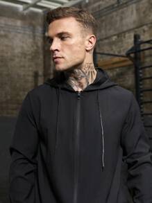 Manfinity Sport Corelite Boyfriend Style Heren Casual Effen Kleur Trekkoord Capuchon Sportjack, Actieve Kleding Lange Mouw Volledige Ritssluiting Sportjack