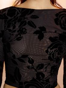 MISSGUIDED Velvet Rose Print Two Piece Co Ord Set Long Sleeve Cowl Back Crop Top Mini Skirt Party Evening Autumn Winter Outfit - Black - View 3
