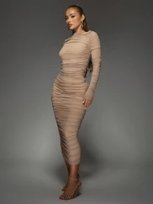 MISSGUIDED Đầm dạ hội midi dài tay xếp ly ôm sát cơ thể với cổ áo xếp nếp, thanh lịch, thích hợp cho các dịp trang trọng như đám cưới, tiệc tùng mùa thu đông. - Màu be - Xem 6