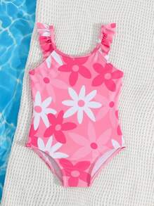 SHEIN 女婴可爱花卉印花荷叶边连体泳衣和沙滩装 - 粉色 - 查看 3