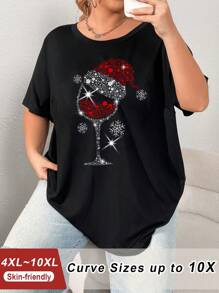 SHEIN CURVE+ 大码女式休闲宽松圣诞红酒杯图案短袖圆领棉质T恤，圣诞圆领上衣 - 黑色 - 查看 2