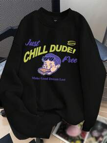 Claim Dot Men's Casual Slogan & Cartoon Figure Print Loose Fit Crew Neck Sweatshirt, Autumn/Winter