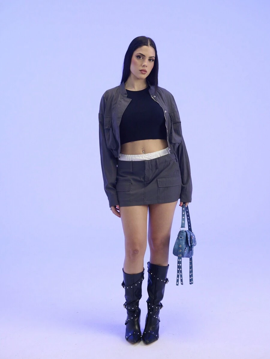 GENKIRA Nuevo conjunto de 2 piezas de chaqueta corta con bolsillos tipo cargo y falda mini, estilo callejero suelto, para primavera/otoño, para el Día de San Valentín y primavera, para mujeres - Gris Oscuro - Ver 1