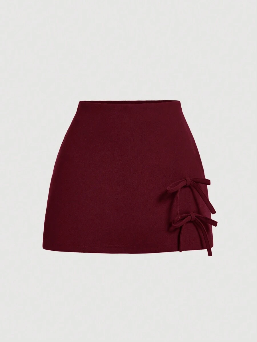 SHEIN MOD Rok celana pendek wanita dengan pita merah, celana pendek merah musim panas, celana pendek yang lucu. - Burgundy - View 1