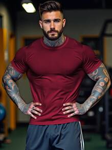 男友风纯色圆领短袖休闲健身运动 T 恤 - 紅色 - 查看 5