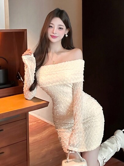 DAZY Women's Elegant Plain Textured Off Shoulder Bodycon Mini Dress, Suitable For Spring/Summer, Valentine's Day, Parties Prom Dress