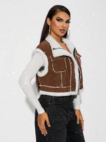 SHEIN SXY Veste sans manches en polaire épaisse de couleur marron foncé Maillard pour l'automne et l'hiver