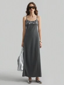 Ontre Grey Beaded Embroidery Sleeveless Dress, New Year & French Style Long Linen Slip Dress, Women's Long Dress, Grey Bead Embellished Sleeveless Dress For Autumn & Winter Clothing And Party Dress