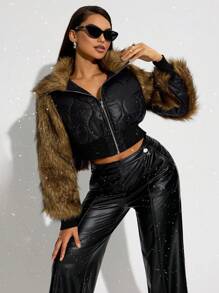 SHEIN SXY New Year's Elegant Sexy Nightclub Must Have Valentine's Day Casual Black And Brown Fake Fur Patchwork Warm Quilted Long Sleeve Short Jacket - Black - View 7