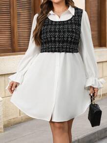 SHEIN Clasi Conjunto de 2 piezas de top de tirantes y vestido de talla grande elegante con contraste de color tweed - Blanco y Negro - Ver 4