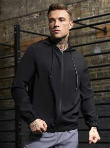 Manfinity Sport Corelite Boyfriend Style Heren Casual Effen Kleur Trekkoord Capuchon Sportjack, Actieve Kleding Lange Mouw Volledige Ritssluiting Sportjack