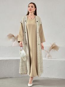 Al Najma Women's Plaid Double Breasted Long Coat And Round Neck Loose Casual Midi Dress 2 Pieces Outfit, Autumn/Winter