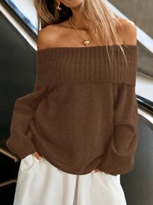 SHEIN Essnce 休闲女士纯色长袖毛衣，露肩毛衣，秋季毛衣，外出 - 巧克力棕 - 查看 5