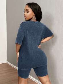 SHEIN SXY Vintage Distressed Snowflake Print Casual Two Pieces Set, Loose T-Shirt & Slim Fit Cycling Pants Fall Clothes Women - Navy Blue - View 4