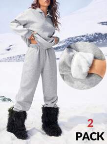 SHEIN EZwear Women's Winter Couple Same Style Daily Wear Basic With Fleece Keep Warm Sweatshirt And Joggers,2pcs Clothes Set - Grey - View 1