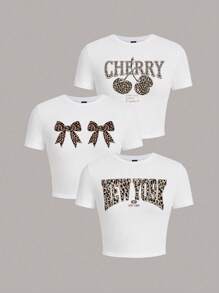 SHEIN EZwear 3pcs Set Casual Minimalist Leopard Print Round Neck Short Sleeve Cropped Tight T-Shirts, Summer For Women Suitable For Going Out