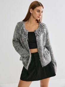 Enchnt Women's Casual Blended Fringe Trim Cardigan, Autumn/Winter