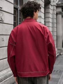 Manfinity VCAY Loose Solid Color Half-Placket Young Casual Short Sleeve Woven Shirt For Men, Urban Vintage Zipper Jacket Long Sleeve Dark Red Jacket, For Friends, Husband, Boyfriend Gifts