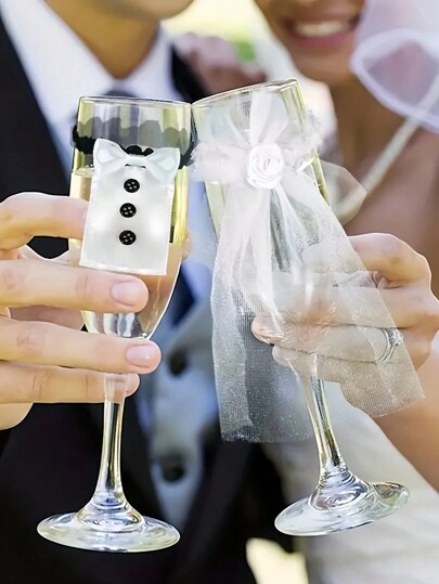 SHEIN 2PCS/Set DIY Bride & Groom Wine Glass Covers Set | Champagne Glass Lids With Leak-Proof Seal | Wedding Party Decorations, Anniversary Gifts & Christmas Home Decor
