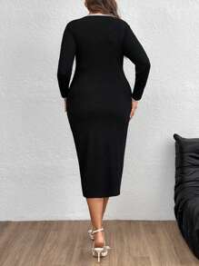 SHEIN Privé Plus Size Women Elegant Chic Commuter Versatile Black & White Splice V-Neck Long Sleeve Bodycon Dress - Black - View 3