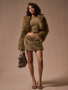 MUSERA Faux Fur Mini Skirt Y2k  Summer Ibiza, Holiday, Club New Year  Party - Camel - View 2