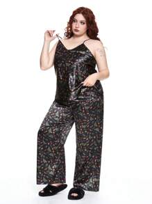 ROMWE Fairycore Plus Size Fairy Core Butterfly Mushroom Floral Satin Allover Print Camisole & Lounge Pants Set
