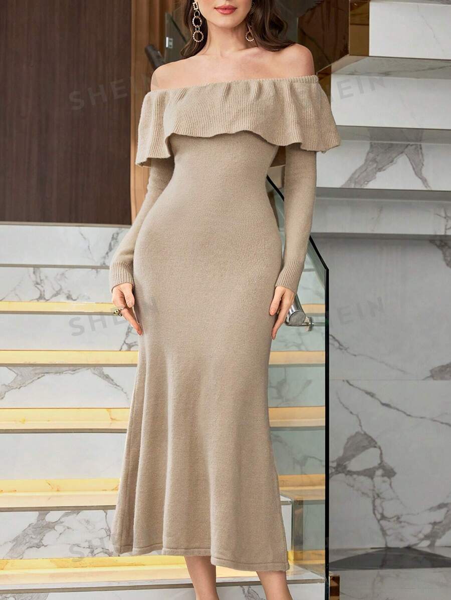 Modelyn Vestido de punto de cola de pez con hombros descubiertos y volantes de unicolor elegante para mujer