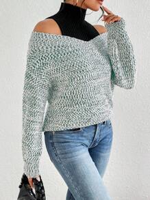 SHEIN LUNE Women's Casual Open Shoulder Pullover 2 In 1 Sweater, Minimalist Design For Daily Wear Knit Pullover Fall Winter