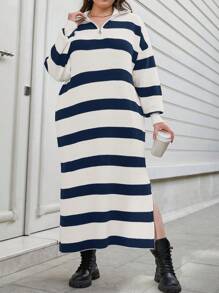 EURMUSE Plus Size Women's Autumn Striped Drop Shoulder Long Sleeve Zip Half-Placket Long Sweater Dress - Navy Blue - View 1