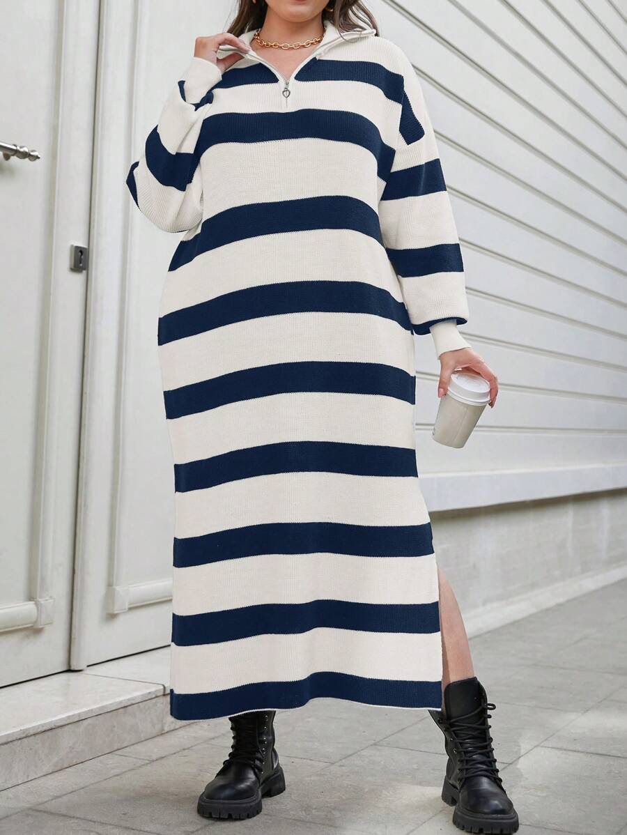 EURMUSE Plus Size Women's Autumn Striped Drop Shoulder Long Sleeve Zip Half-Placket Long Sweater Dress - Navy Blue - View 1