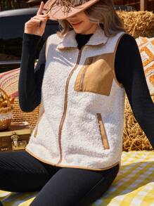 SHEIN VCAY Women Patchwork Zip Pocket Casual Vacation Jacket, Autumn/Winter - Beige - View 6