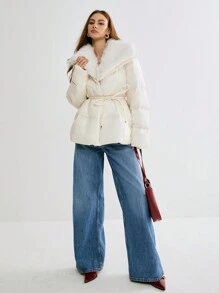 Enchnt 女士冬季白大衣，长袖蓬松领带补丁蓬松厚外套，秋季女装，女士冬季外套，感恩节 - 奶油色 - 查看 2