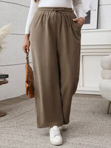 SHEIN LUNE Große Größen Dicke, warme Cordhose in Gerade Passform für Damen, geeignet für Herbst/Winter - Grau - Übersicht 5