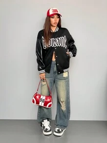 SHEIN EZwear Áo khoác bóng chày dáng rộng, tay dài, họa tiết sọc chữ mùa thu dành cho nữ - màu đen - Xem 5