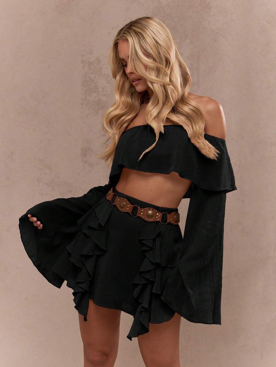 MISSGUIDED 露肩喇叭袖短款上衣荷叶边细节节日波西米亚风长袖露肩派对晚会西方场合个性上衣